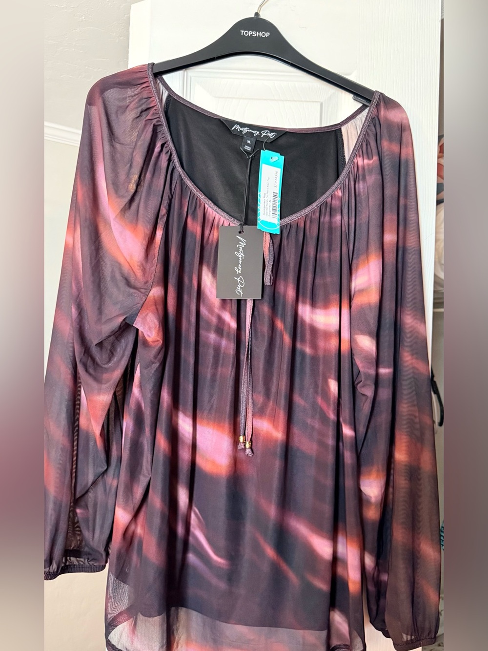 Women's Long-Sleeve Sheer Tie-Neck Blouse - Montgomery Post XL New